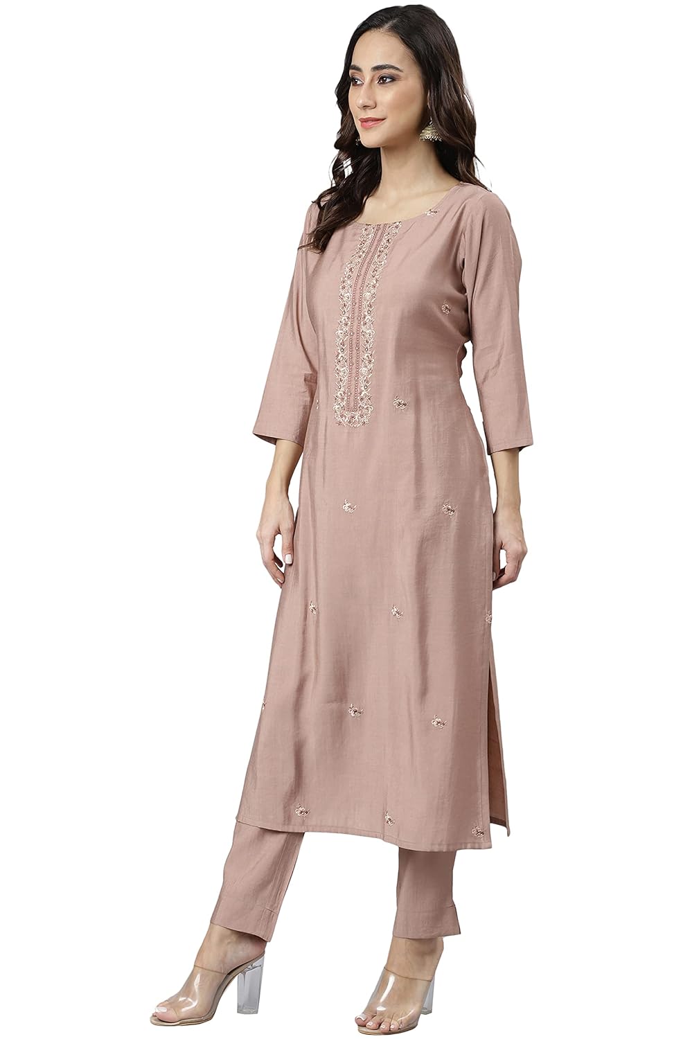 Janasya Women's Dusty Rose Viscose Blend Embroidered Kurta with Pant