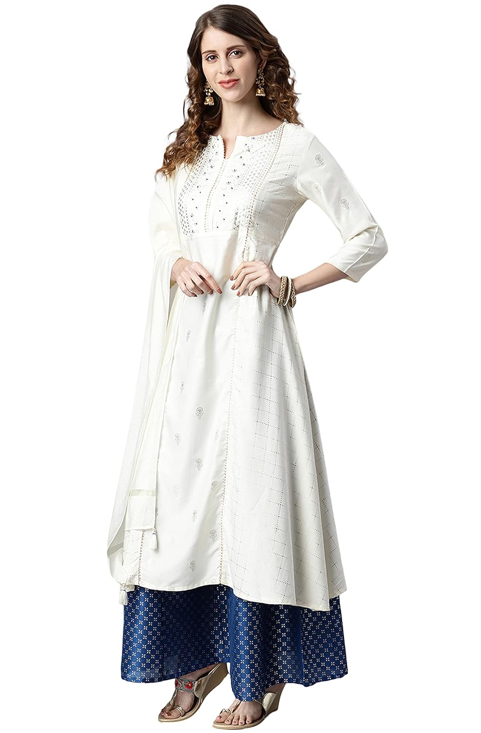 Janasya Women's Off- White and Silver Poly Silk Kurta With Palazzo and Dupatta