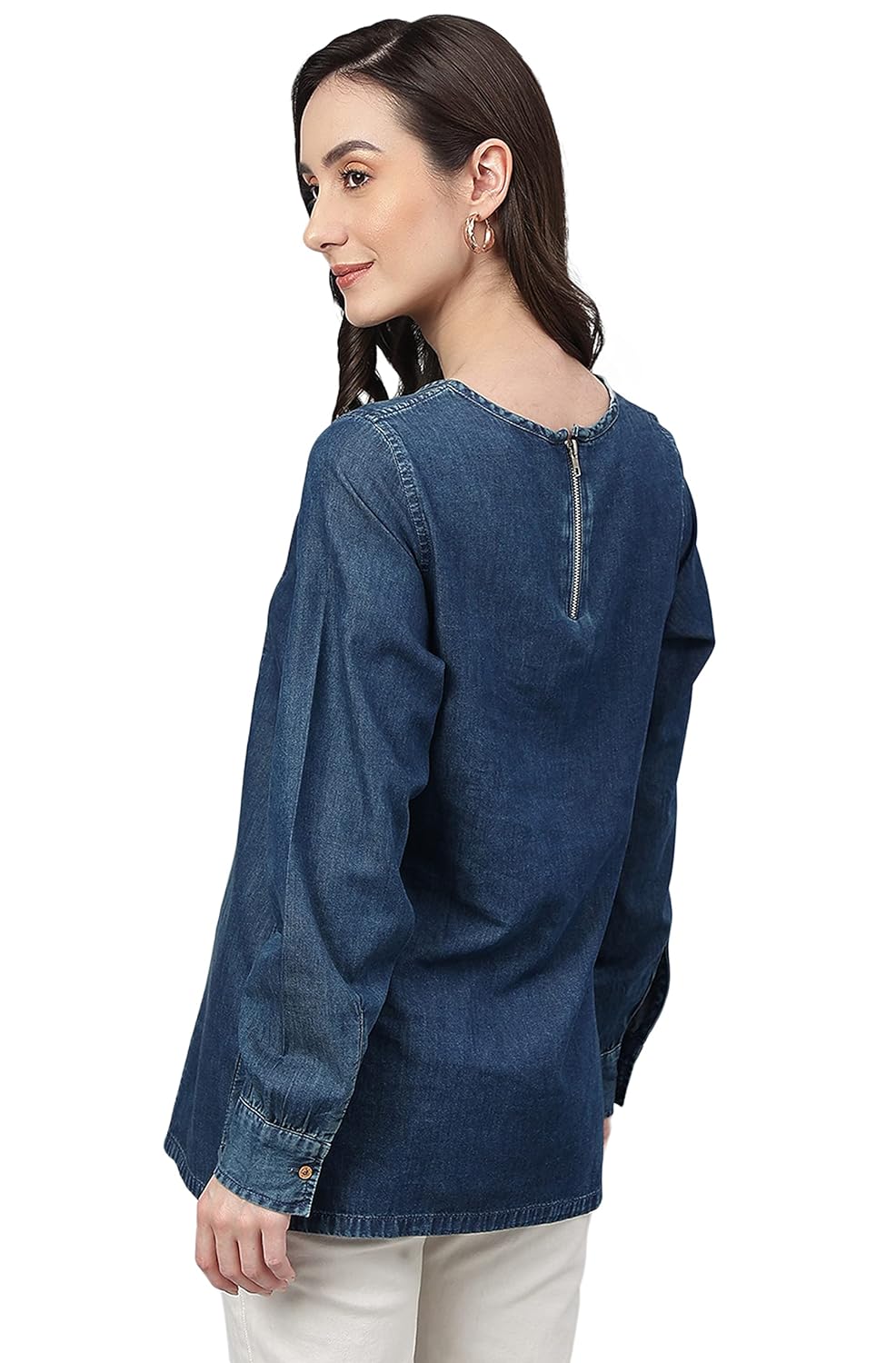 Janasya Women's Dark Blue Denim Solid Regular Top