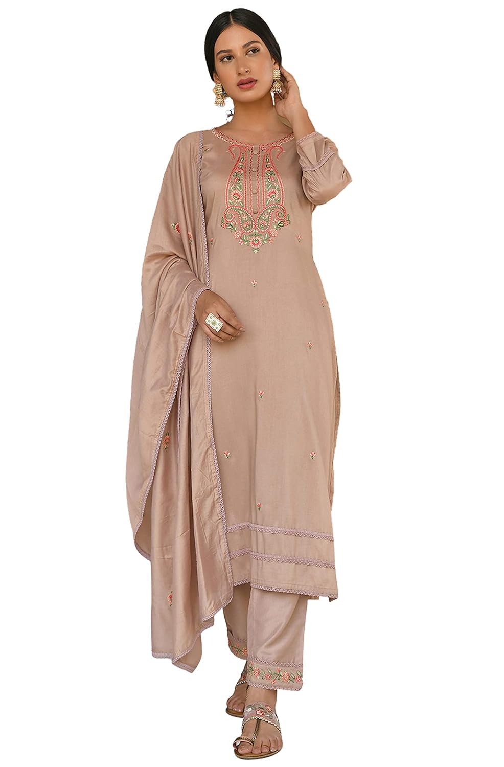 Janasya Women's Rose Gold Poly Silk Floral Embroidery Kurta with Pant and Dupatta