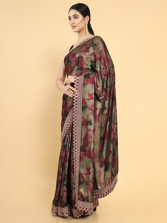 Soch Women Maroon & Black Floral Embroidered Pure Georgette Saree