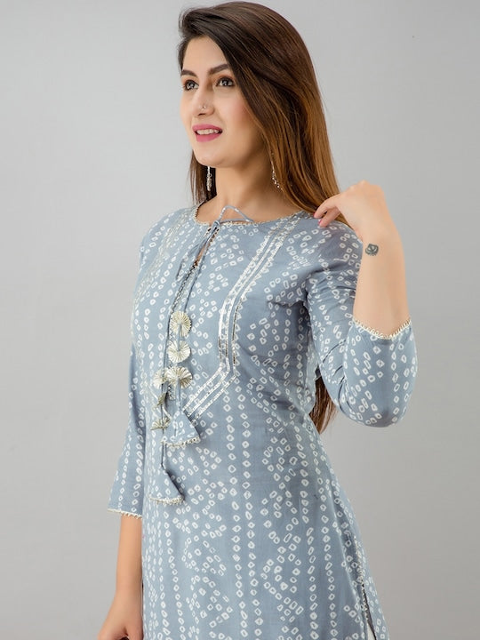 Here&now Blue & White Bandhani Printed Gotta Patti Straight Kurta