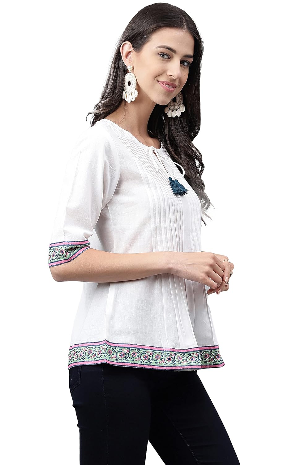 Janasya Women's White Cotton Solid A-Line Top