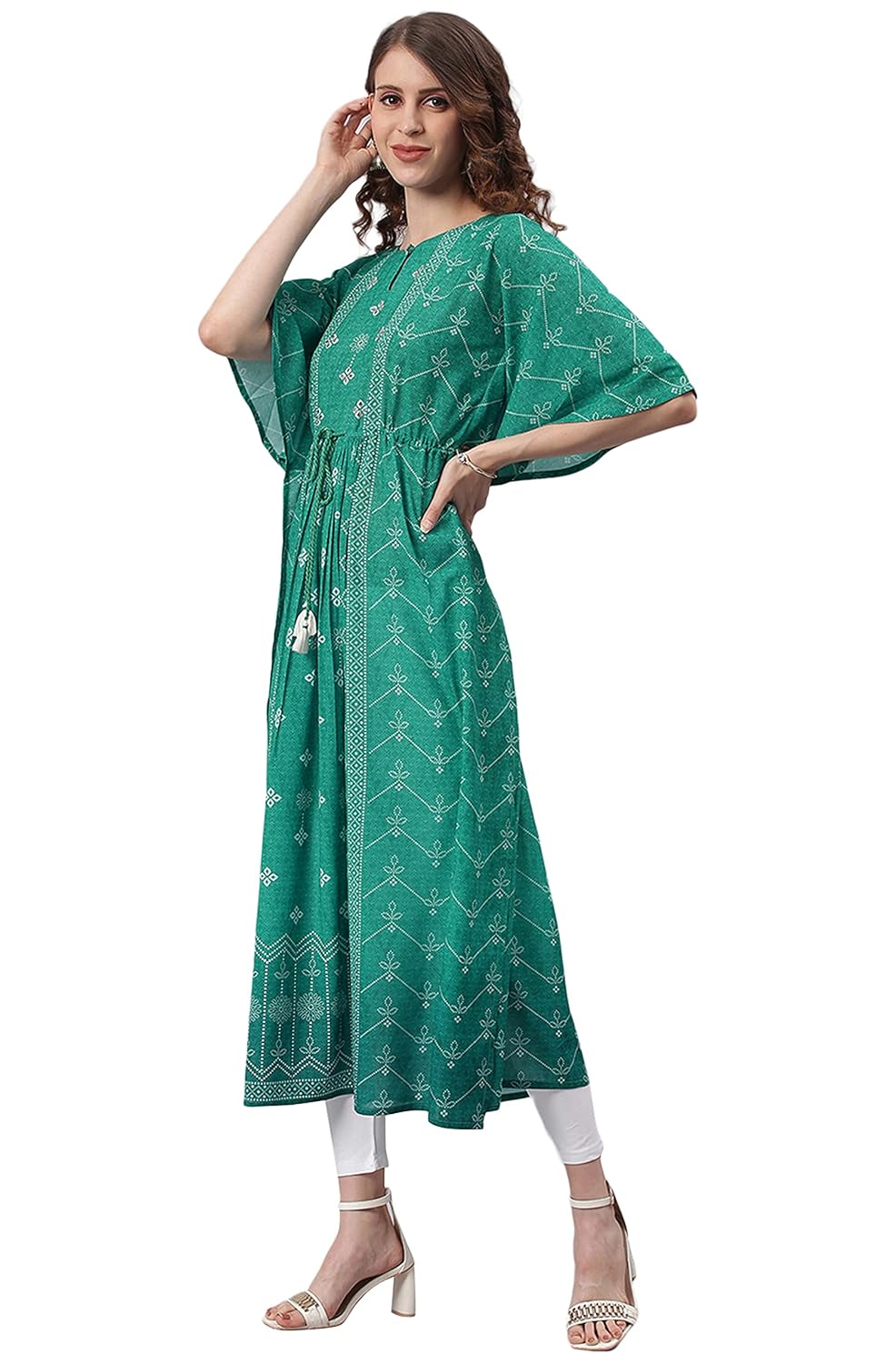 Janasya Women's Green Georgette Kaftan