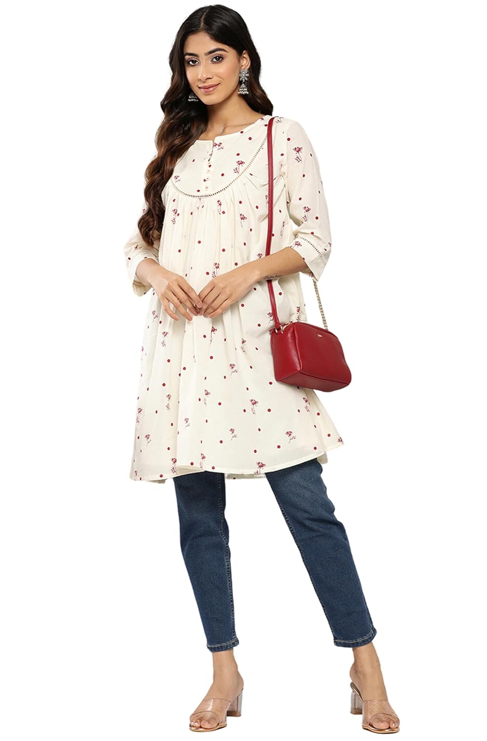 Janasya Women's Off White Cambric Cotton Botanical Print Flared Tunic