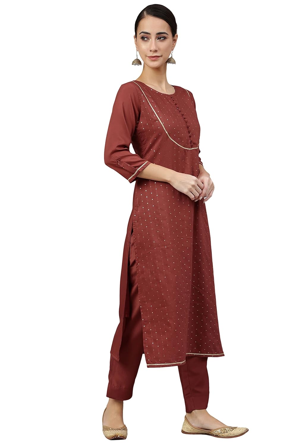 Janasya Women's Rust Poly Silk Sequined Kurta with Pant