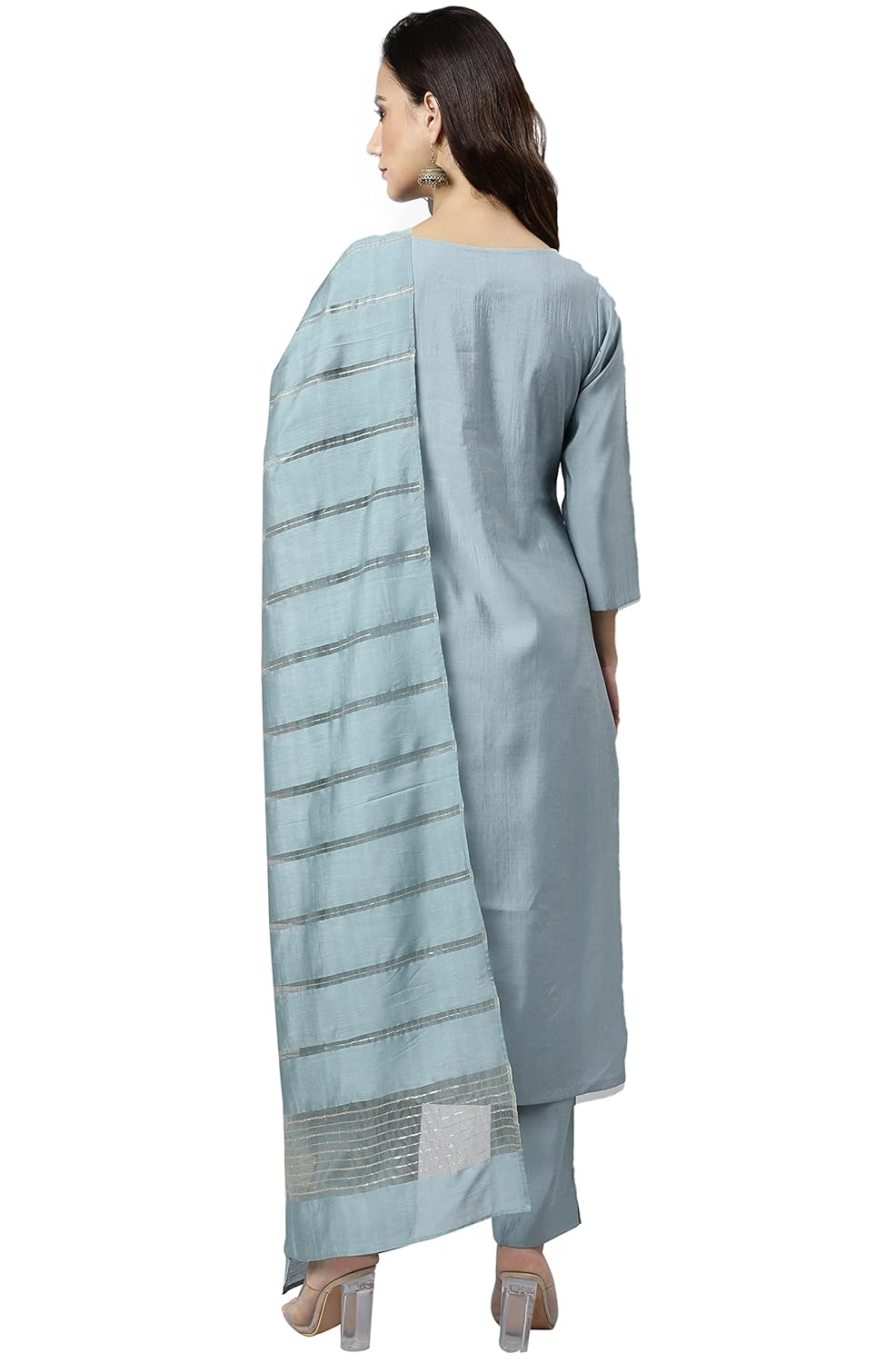 Janasya Women's Dusty Blue Viscose Blend Embroidered Kurta with Pant