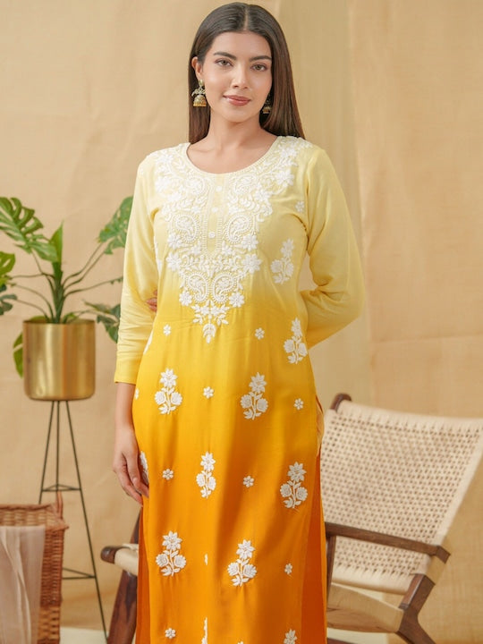 House of Pataudi Floral Embroidered Straight Calf Length Kurta