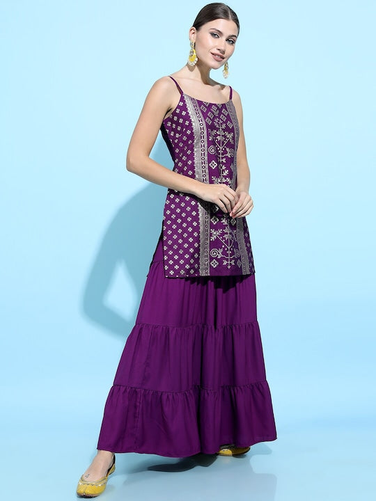 Vishudh Women Purple Printed Kurta with Sharara & With Dupatta