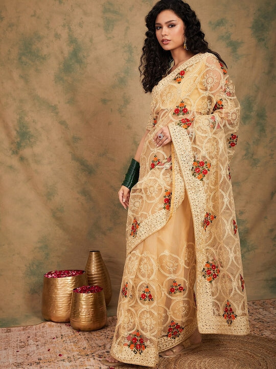 Sangria Beige Floral Embroidered Net Saree