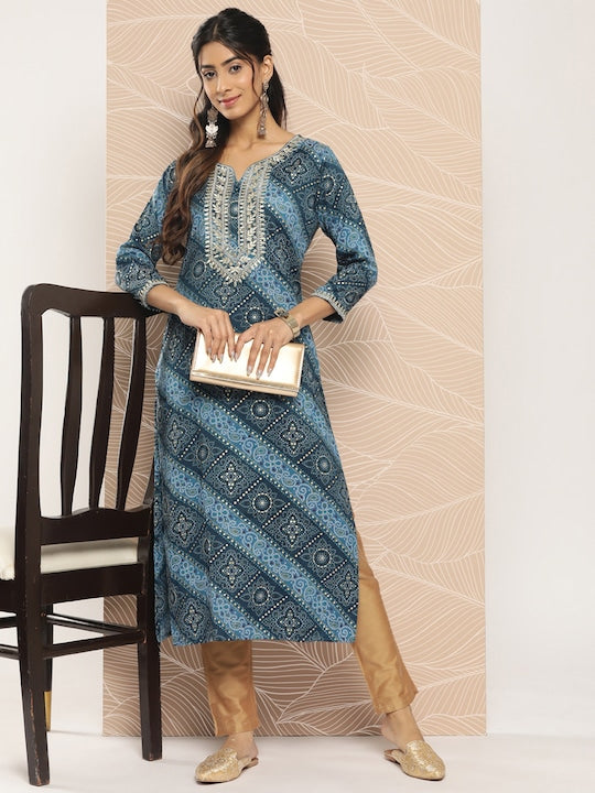 Yufta Bandhani Printed Gotta Patti Kurta Blue