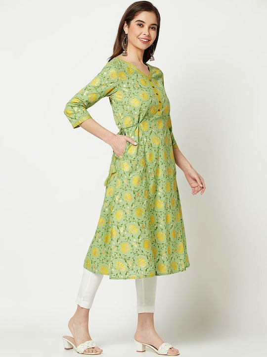 IMARA Floral Printed V Neck A-Line Pure Cotton Kurta