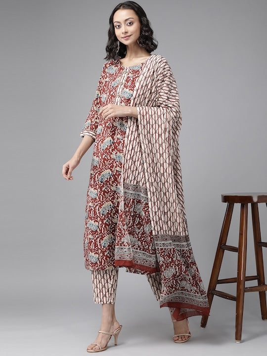 Yufta Women Maroon Pure Cotton Ethnic Motifs Printed Kurta with Palazzos & Dupatta - M