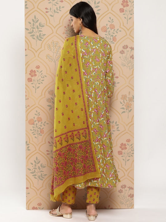 Yufta Women Mustard Yellow Floral Yoke Design Regular Sequinned Pure Cotton Kurta with Trousers & With