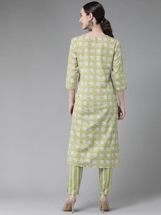 Yufta Women Green Ethnic Motifs Printed Sequinned Pure Cotton Kurta with Trousers