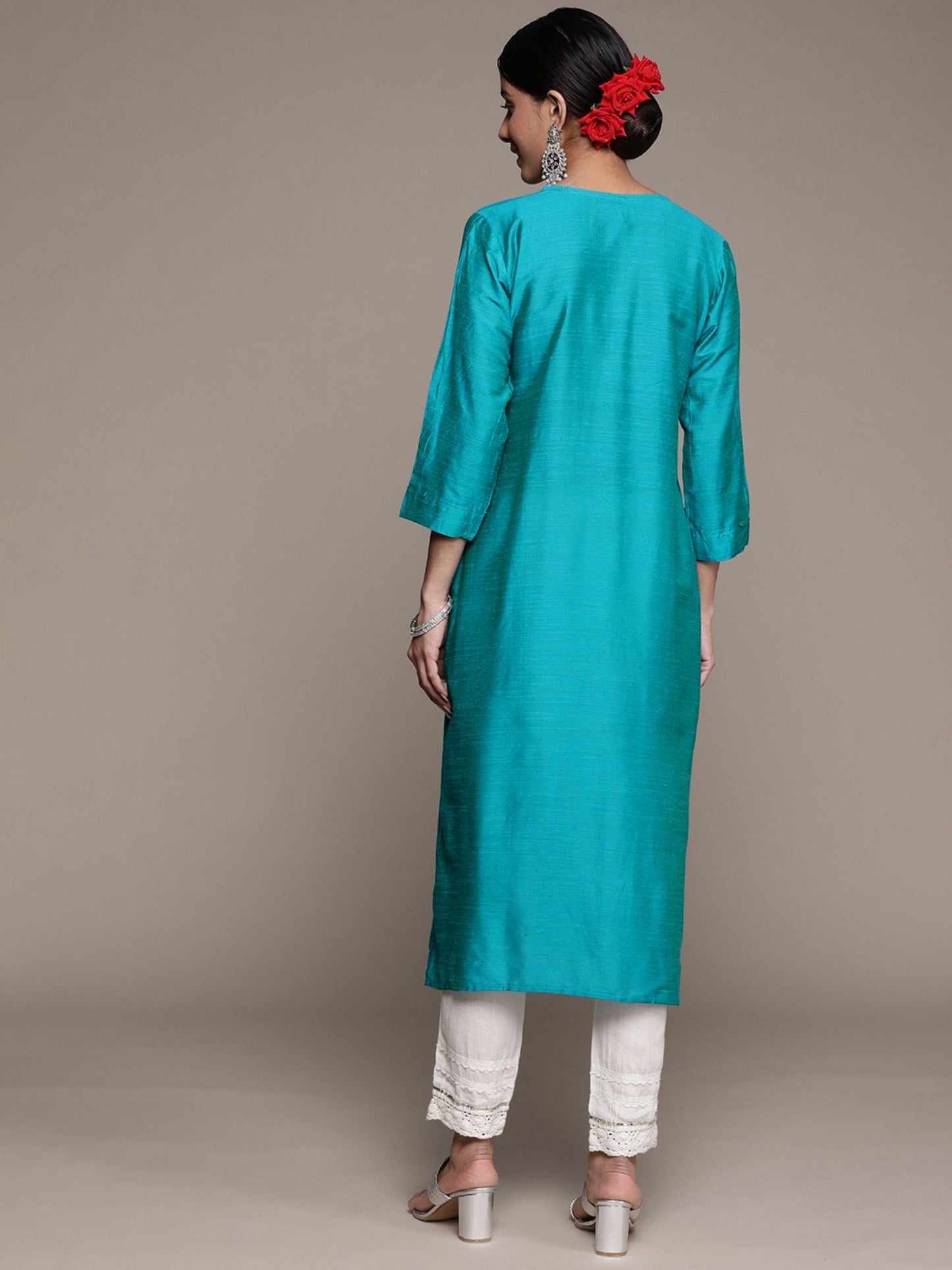 ISHIN Womens Silk Blend Blue Embroidered A-line Kurta