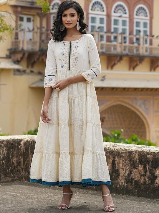 Scakhi Ethnic Motifs Schiffli Self Design Tiered Cotton Fit & Flare Ethnic Dress