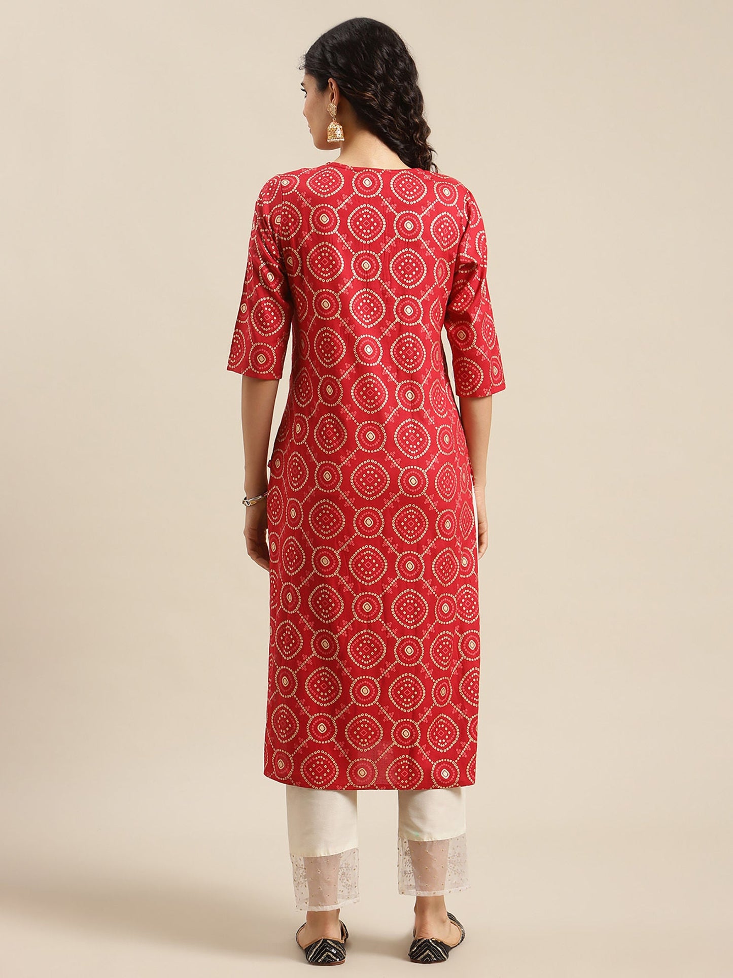 KSUT Women Red and White Bandhej Printed Straight Kurta