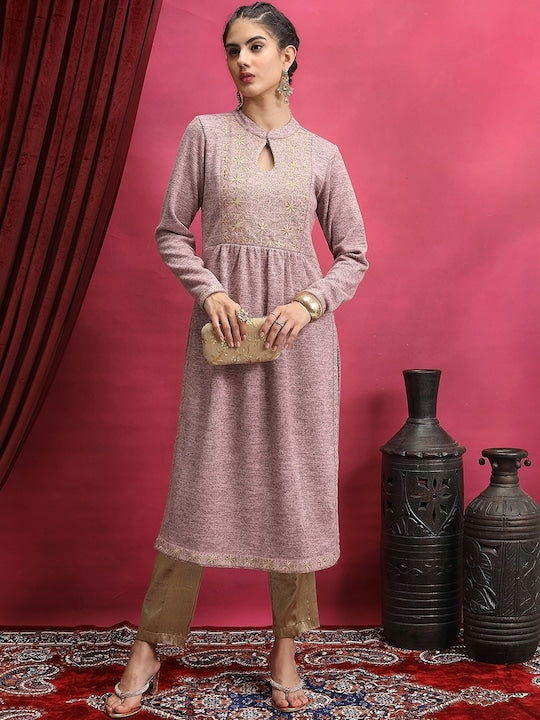 Vishudh Pink Floral Embroidered Mandarin Collar Kurta