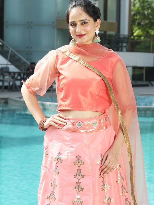 AKS Couture Round Neck Zari Ready to Wear Lehenga & Blouse With Dupatta