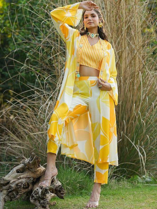 ScakhiI Floral Printed Top, Cape & Pants Co-Ords