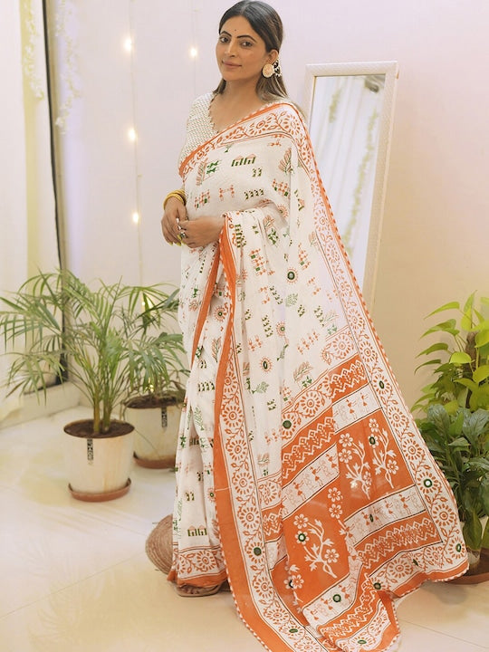Satrani Ethnic Motifs Embroidered Cotton Mirror Work Ready to Wear Saree