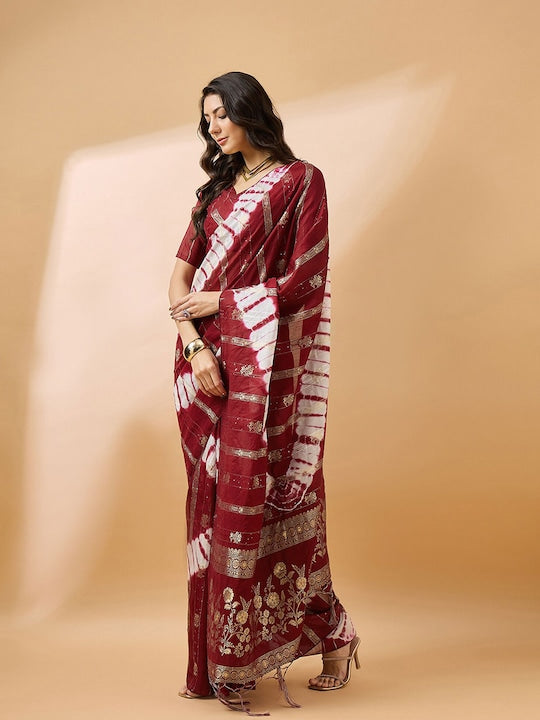 Sangria Maroon Ethnic Motifs Woven Designed Sequinned Sarees