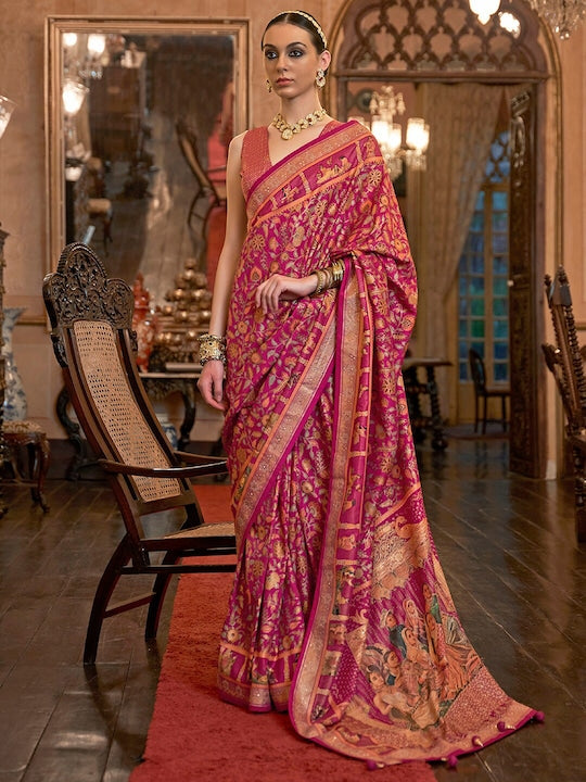 Anouk Pink & Green Ethnic Motifs Beads and Stones Silk Blend Banarasi Saree