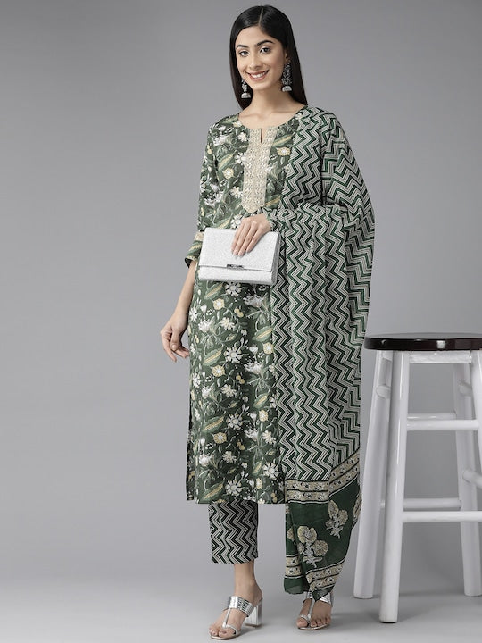 Yufta Women Floral Printed Sequinned Pure Cotton Kurta With Trousers & With Dupatta