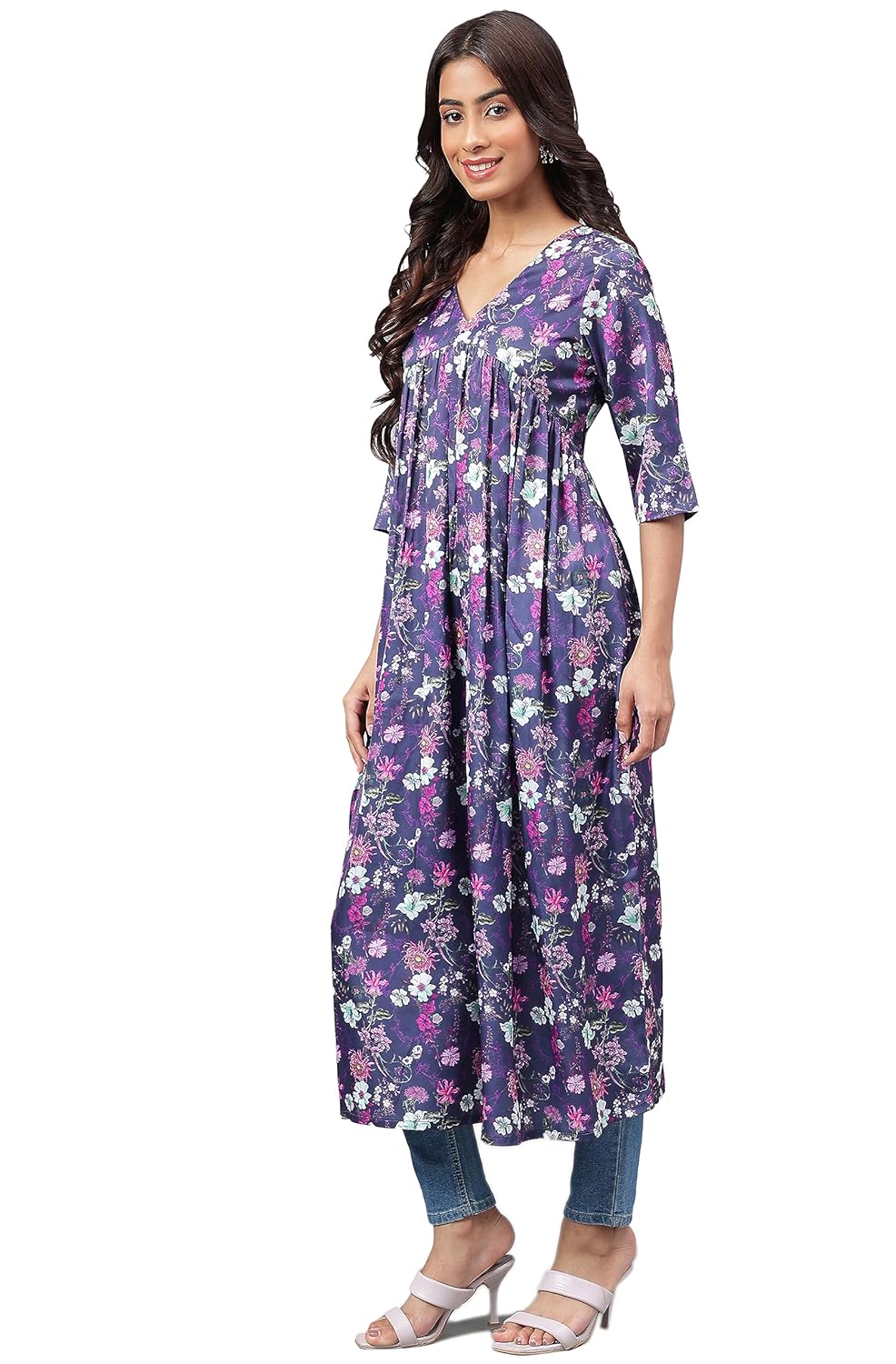 Janasya Women's Navy Blue Satin Digital Floral Printed Gathered Kurta