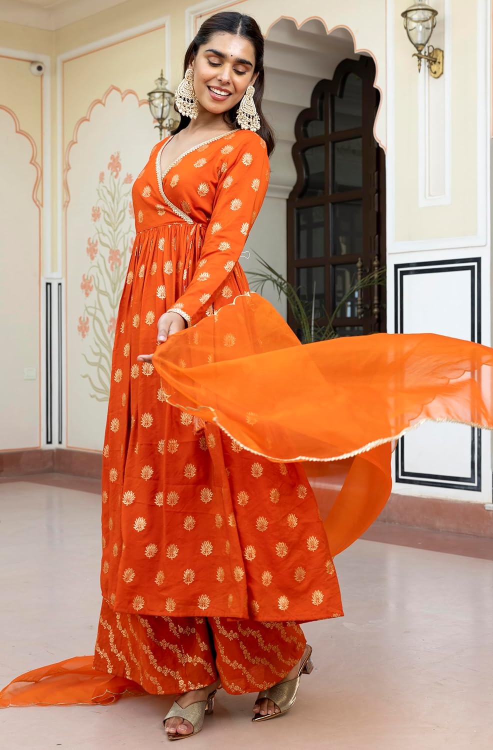 Janasya Women's Orange Brocade Woven Design Kurta with Palazzo and Dupatta