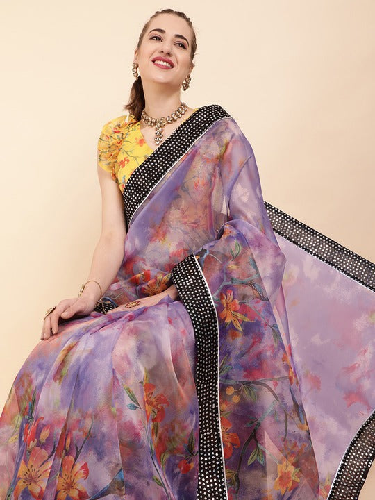 Sangria Lavender Floral Sequinned Organza Saree