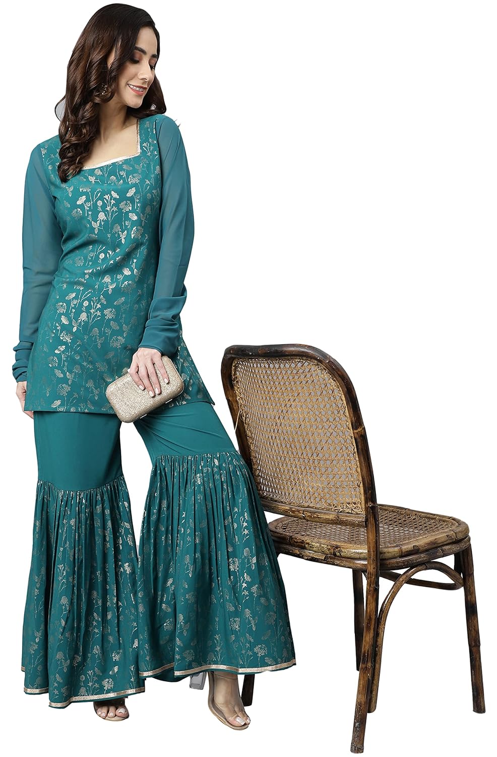 Janasya Women's Teal Crepe Gold Print Kurta with Gharara