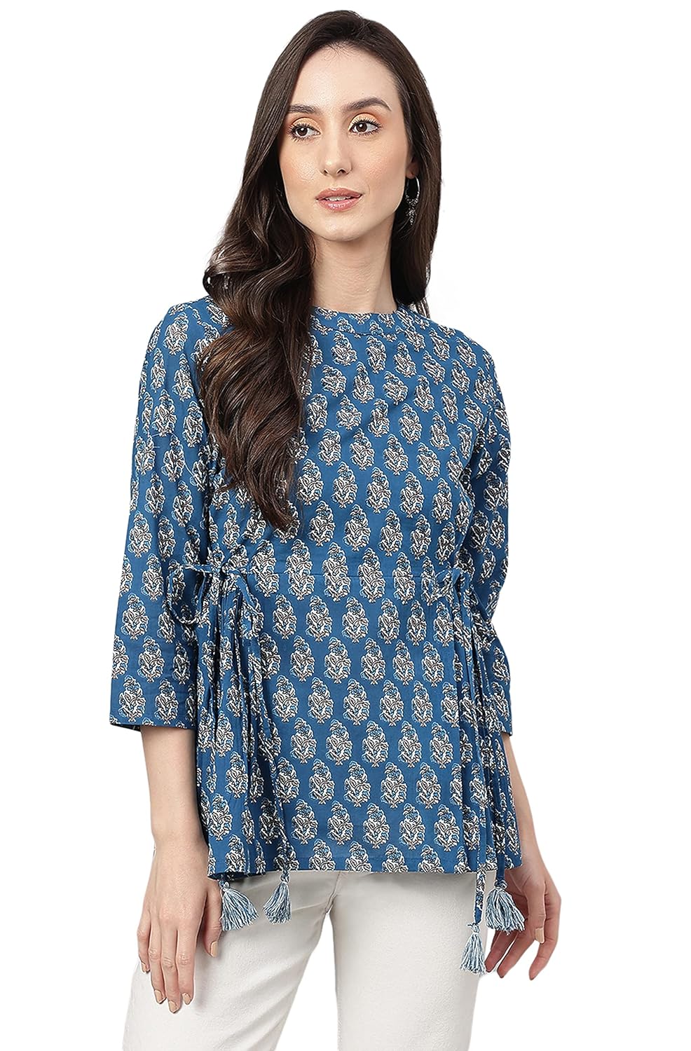 Janasya Women's Teal Cotton Floral Block Print Flared Top