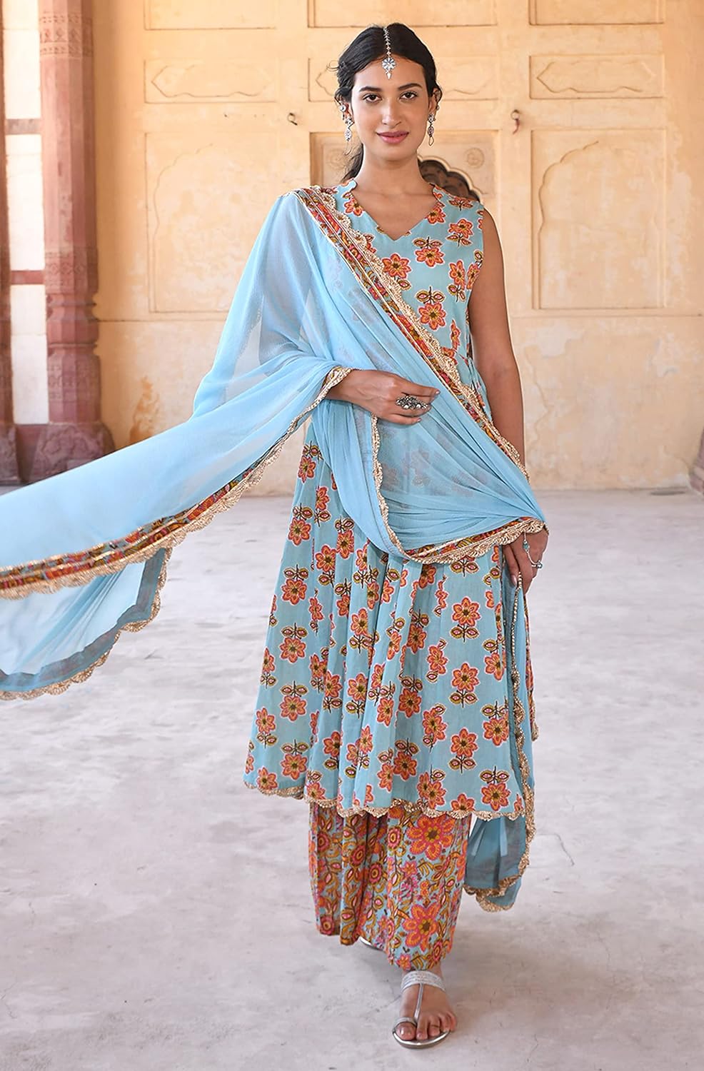 Janasya Women's Mint Blue Cotton Floral Print Kurta with Palazzo and Dupatta - XL