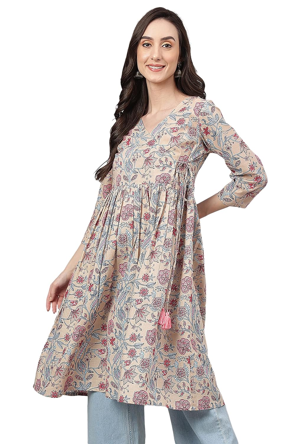 Janasya Women's Beige Cotton Floral Print Angrakha Kurta
