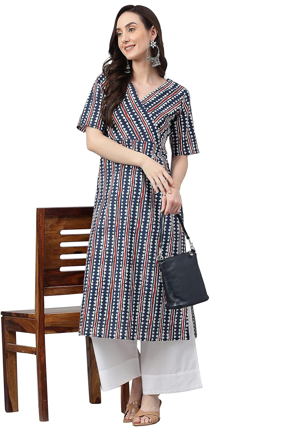 Janasya Women's Navy Blue Cotton Geometric Straight Kurta