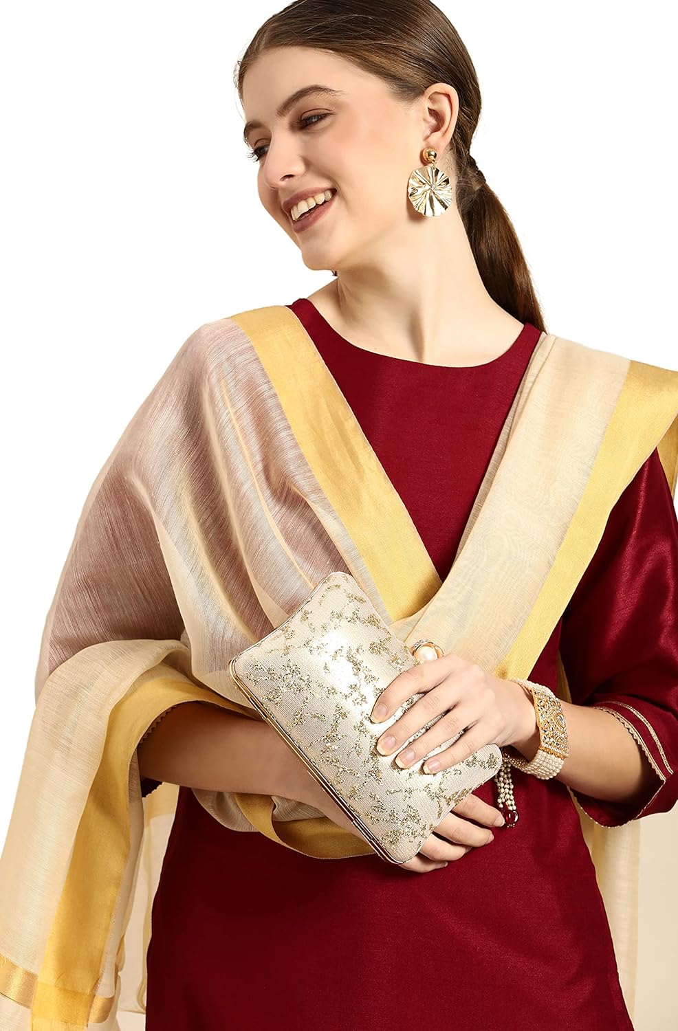 Janasya Women's Maroon Poly Silk Kurta With Pant And Dupatta