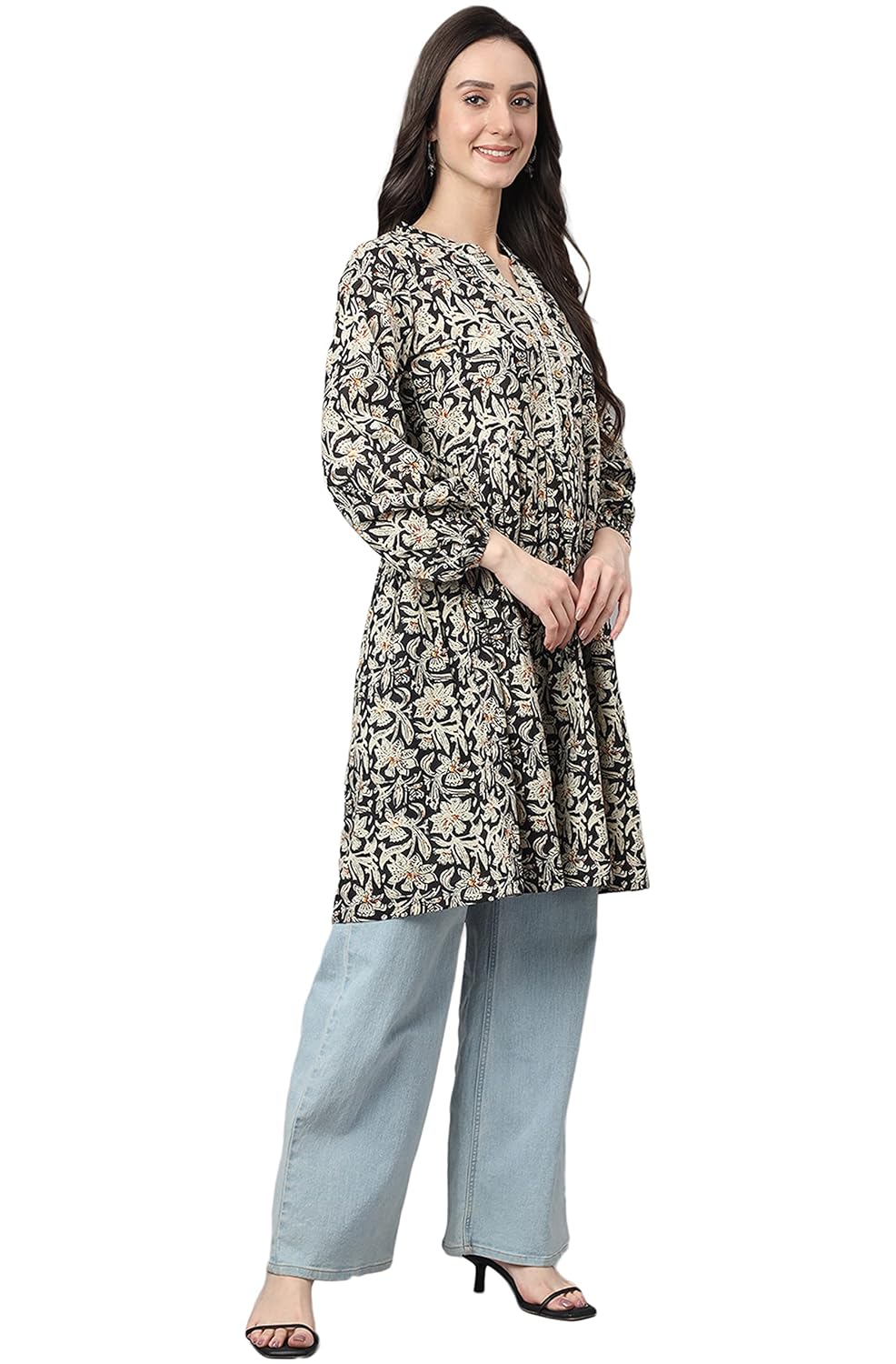 Janasya Women's Black Cotton Floral Print Flared Tunic