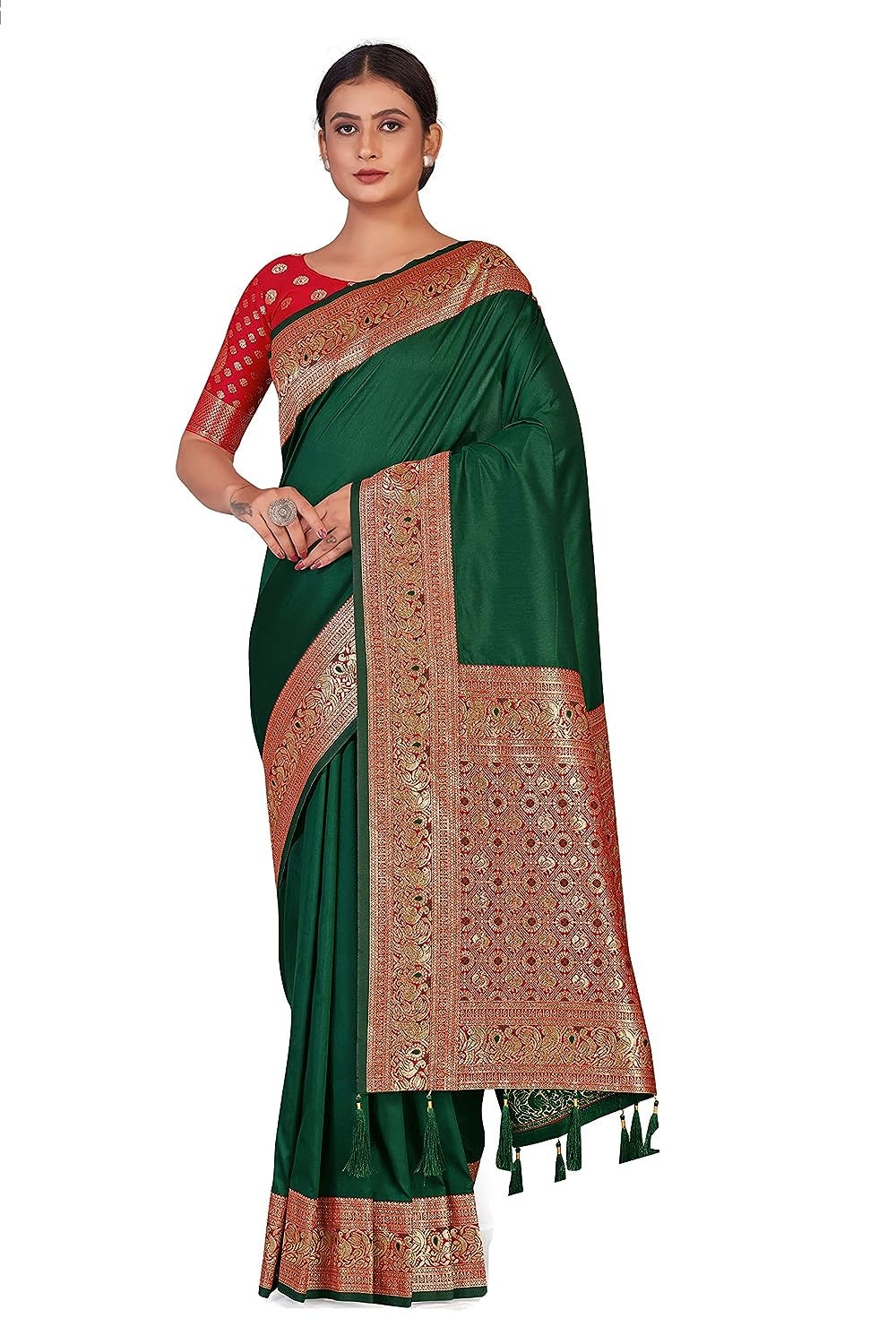 Monjolika Fashion Women's Silk Blend Border work Saree With Unsttiched Blouse