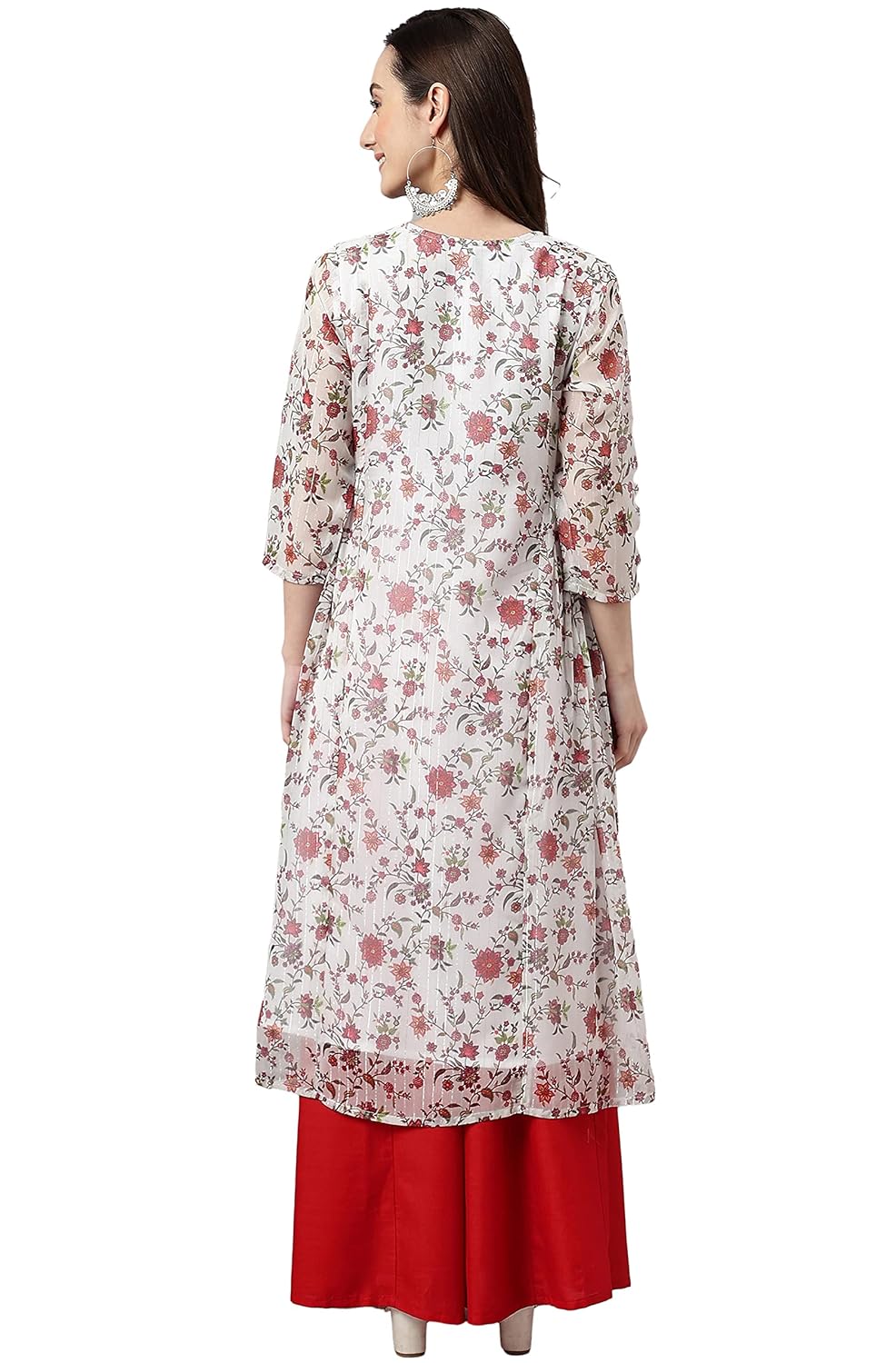 Janasya Women's White Chiffon Lurex Floral Printed Flared Kurta