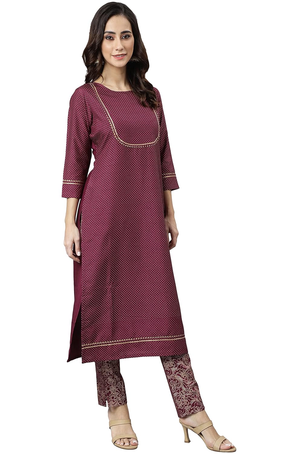 Janasya Women's Wine Poly Silk Foil Print Kurta with Pant