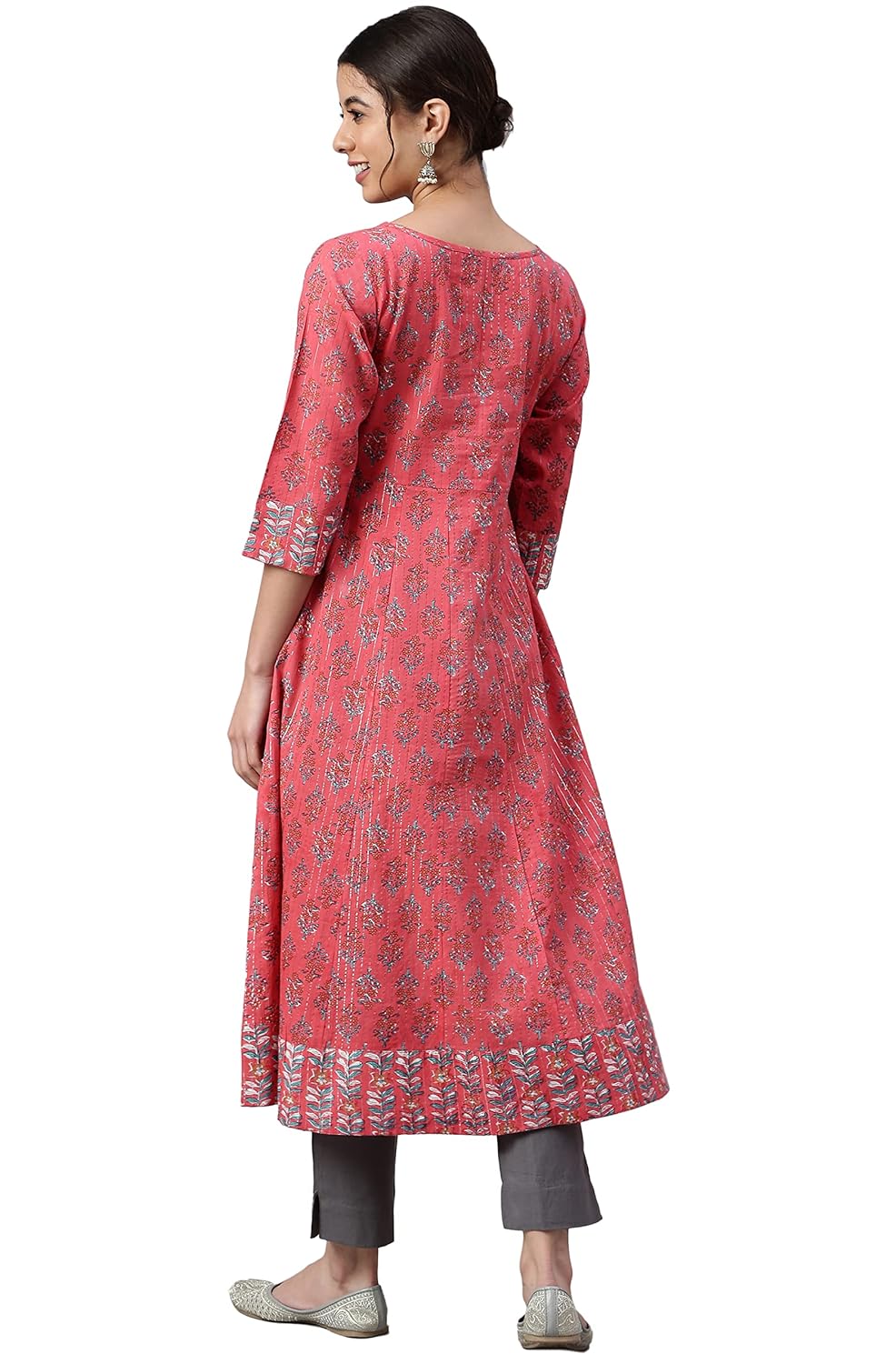 Janasya Women's Coral Cotton Floral Print A-line Kurta