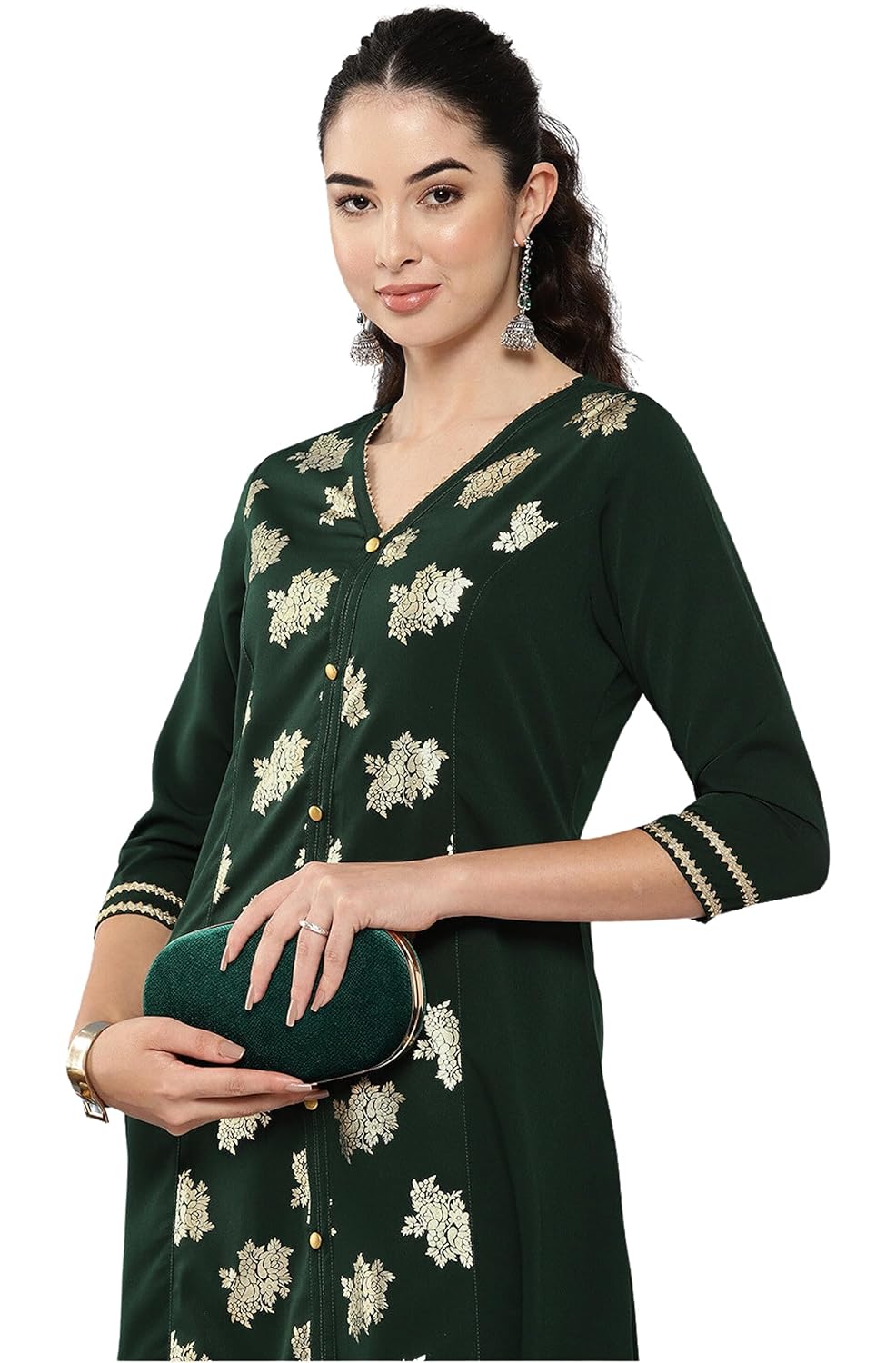 Janasya Women's Bottle Green Crepe Foil Printed A-Line Kurta