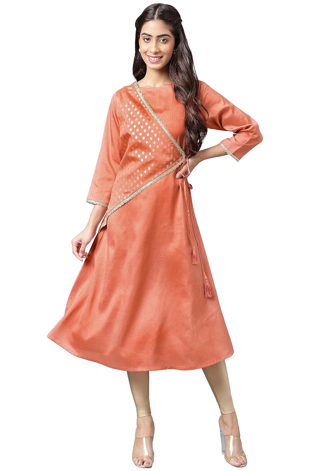 Janasya Women's Peach Crepe Silk Embellished A-Line Kurta