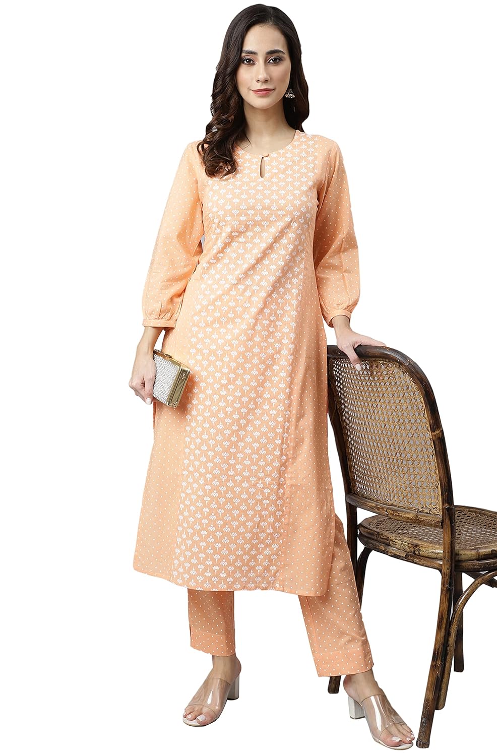 Janasya Women's Melon Orange Cotton Printed Kurta with Pant