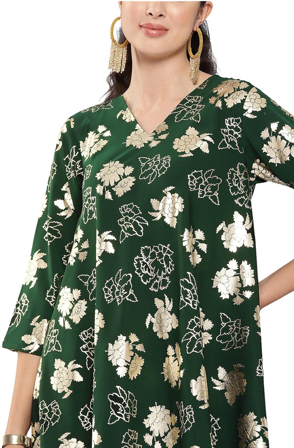 Janasya Women's Bottle Green Crepe Foil Printed Short Kurta with Palazzo