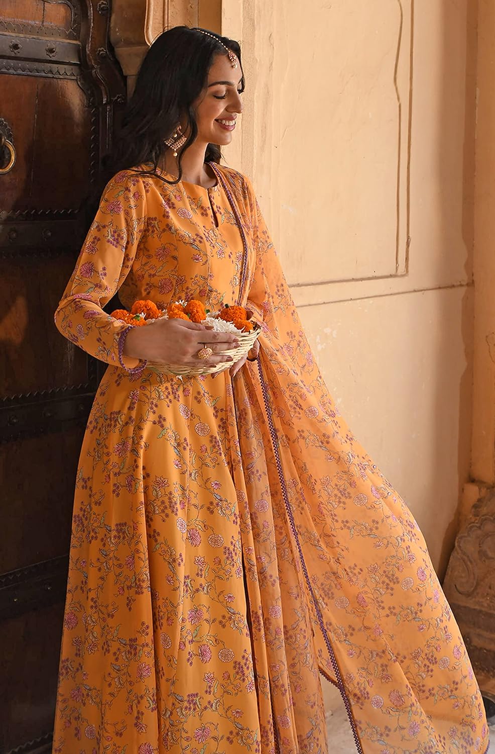 Janasya Women's Yellow Georgette Floral Print Kurta with Flared Palazzo and Dupatta