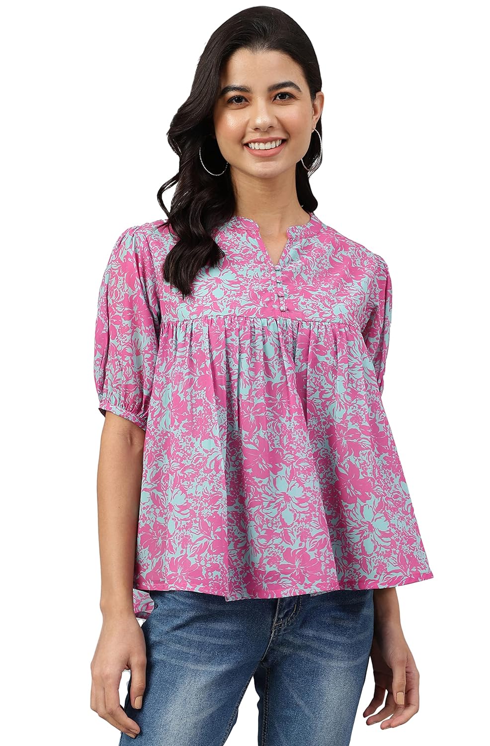 Janasya Women's Pink Georgette Digital Print Flared Top