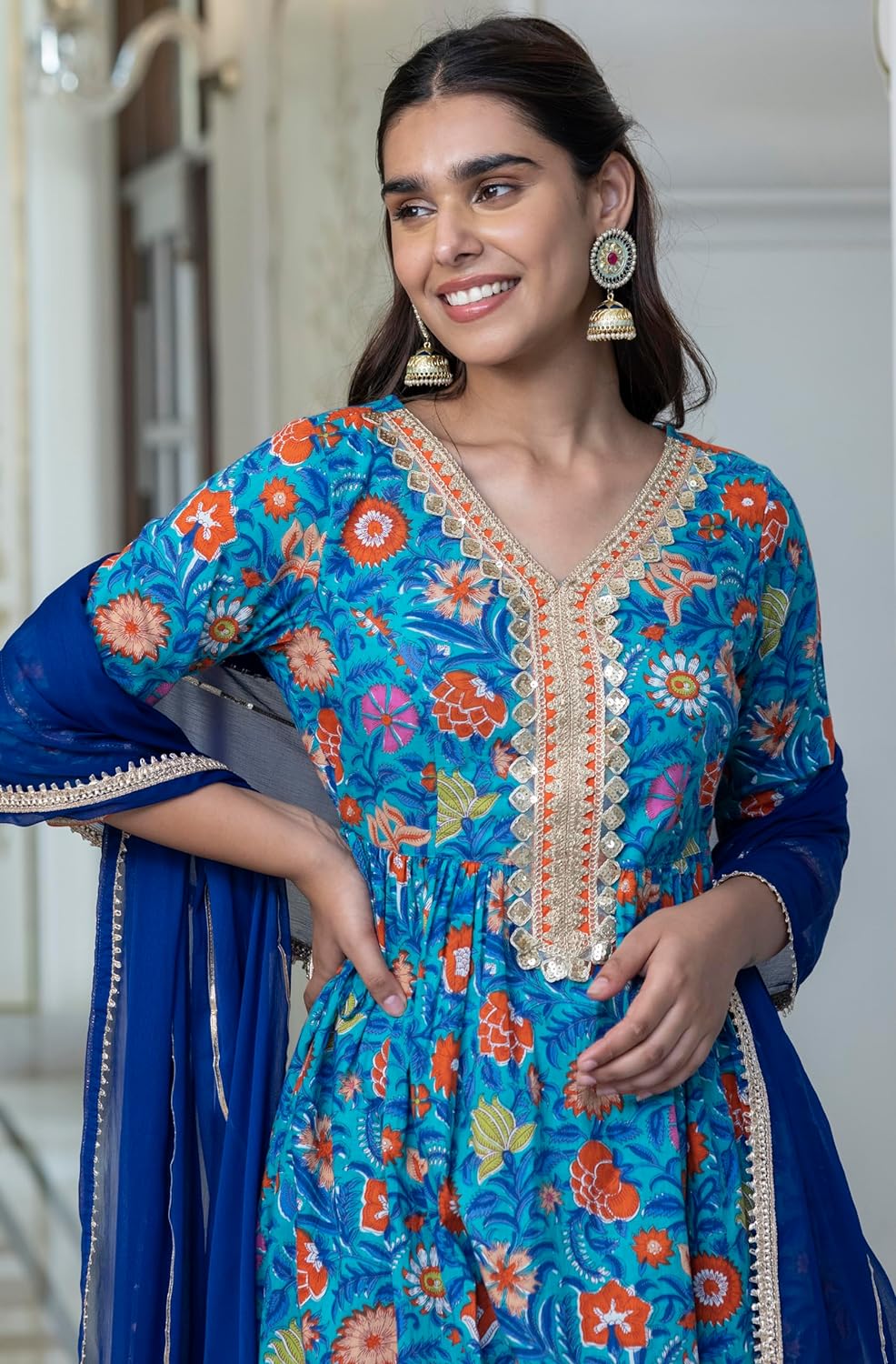 Janasya Women's Sky Blue Cotton Embellished Ethnic Printed Kurta with Flared Palazzo and Dupatta